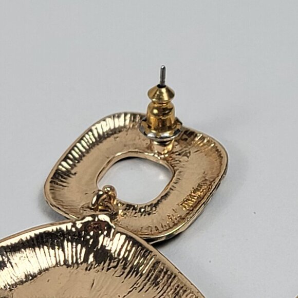 Gold-Tone Black Enamel Drop Earrings 2.5 In Pierced Post Leopard Print Pebble - Picture 8 of 10